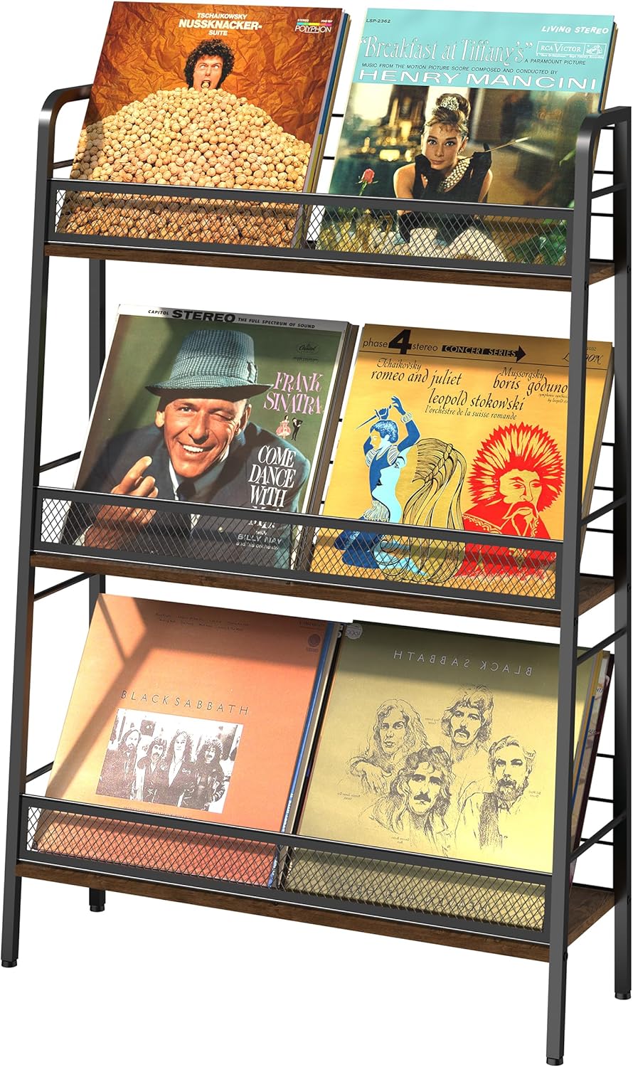 Vinyl Record Storage Holder 3 Tiers Large Capacity LP Records Rack Store About 150 Albums Solid Metal Frame Stable Quick Assembly, Suitable for LP Records,CD,DVD,Book,Magazine