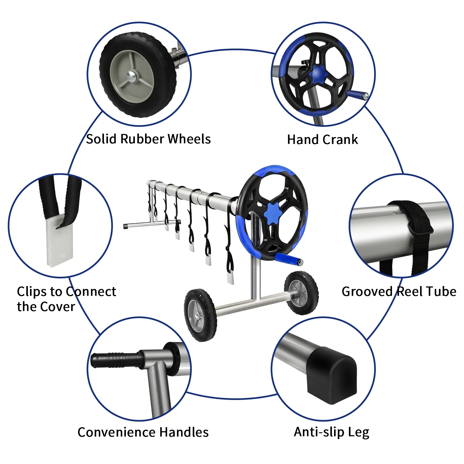 FULLWATT 20 Ft Pool Cover Reel Set Aluminum Inground Swimming Pool Solar Cover Blanket Reel Roller (Blue)