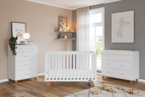 Child Craft SOHO Crib, 3-Drawer Dresser with Changing Table Topper, Chest, Nightstand, 4-Piece Nursery Set (Dusty Heather)
