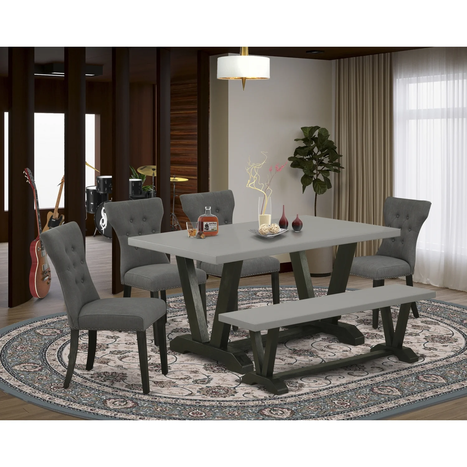 Maykoosh Coastal Craftsman 6-Pc Kitchen Table Set-Dark Gotham Grey Linen Fabric Seat & Parson Dining Chairs, A bench & Top Dining Room Table, Cement & Wire Brushed Black