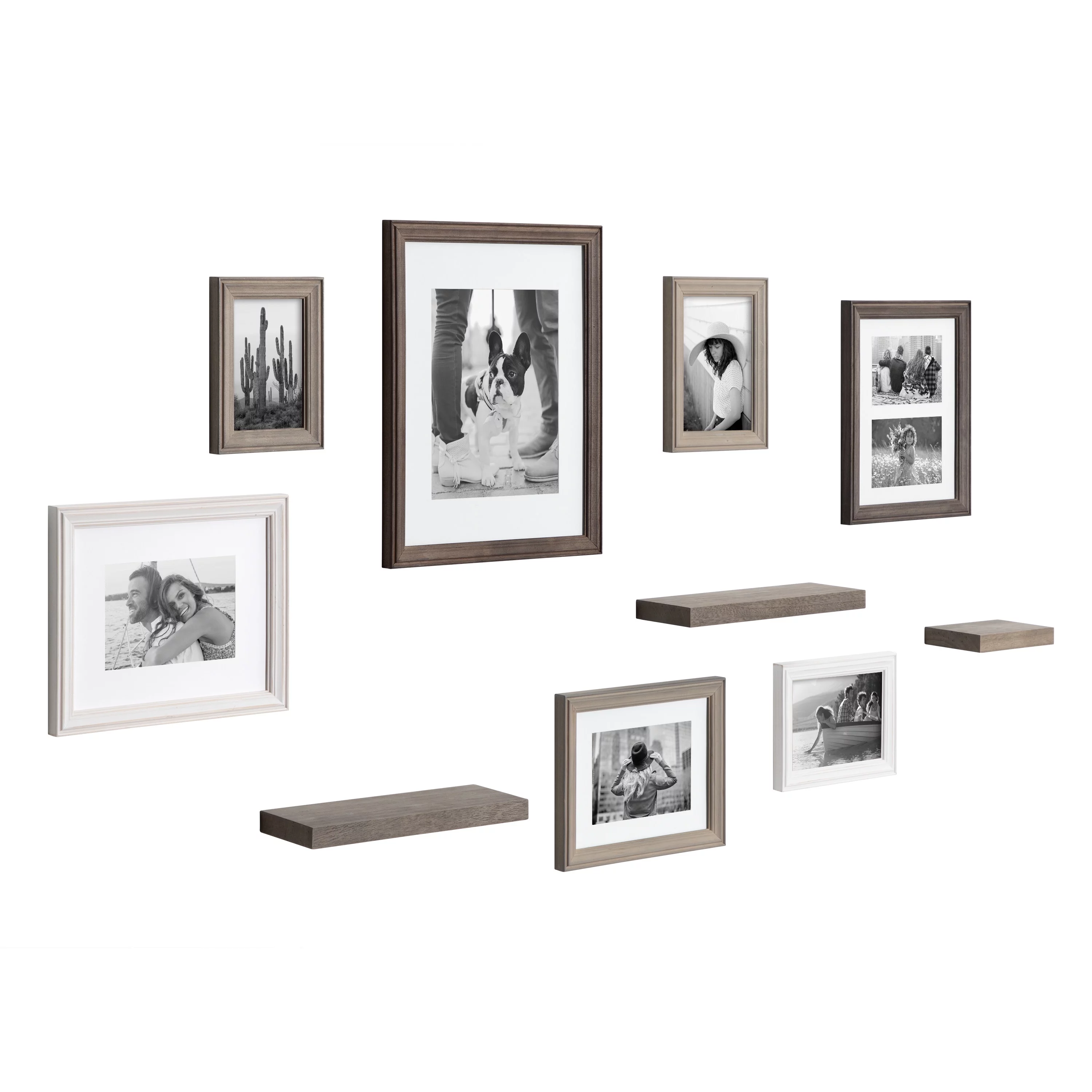 Kate and Laurel Bordeaux Gallery Wall Frame and Shelf Kit, Set of 10, 7 Frames and 3 Shelves, Gray and White