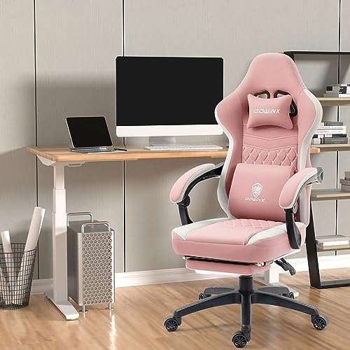 Dowinx Gaming Chair Breathable Fabric Computer Chair with Pocket Spring Cushion, Comfortable Office Chair with Gel Pad and Storage Bag,Massage Game Chair with Footrest,Beige
