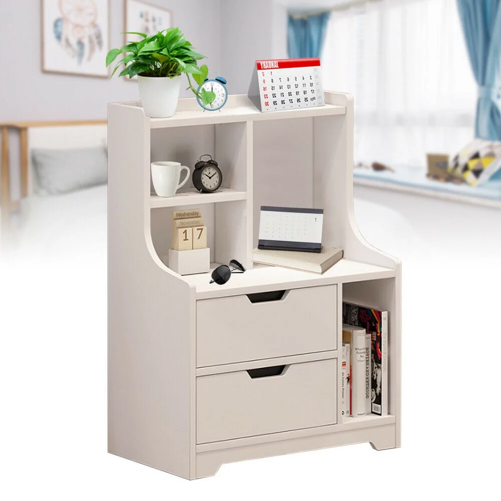 Fichiouy 2 Drawers Bedside Table Storage Nightstand Rectangle End Table Cabinet for Bedroom White