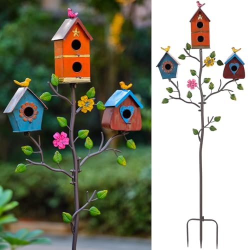 Multi-Bird Houses for Outside with Pole, Durable Colorful Birdhouse on Stake, Easy Clear, Metal Bird Houses for Outside