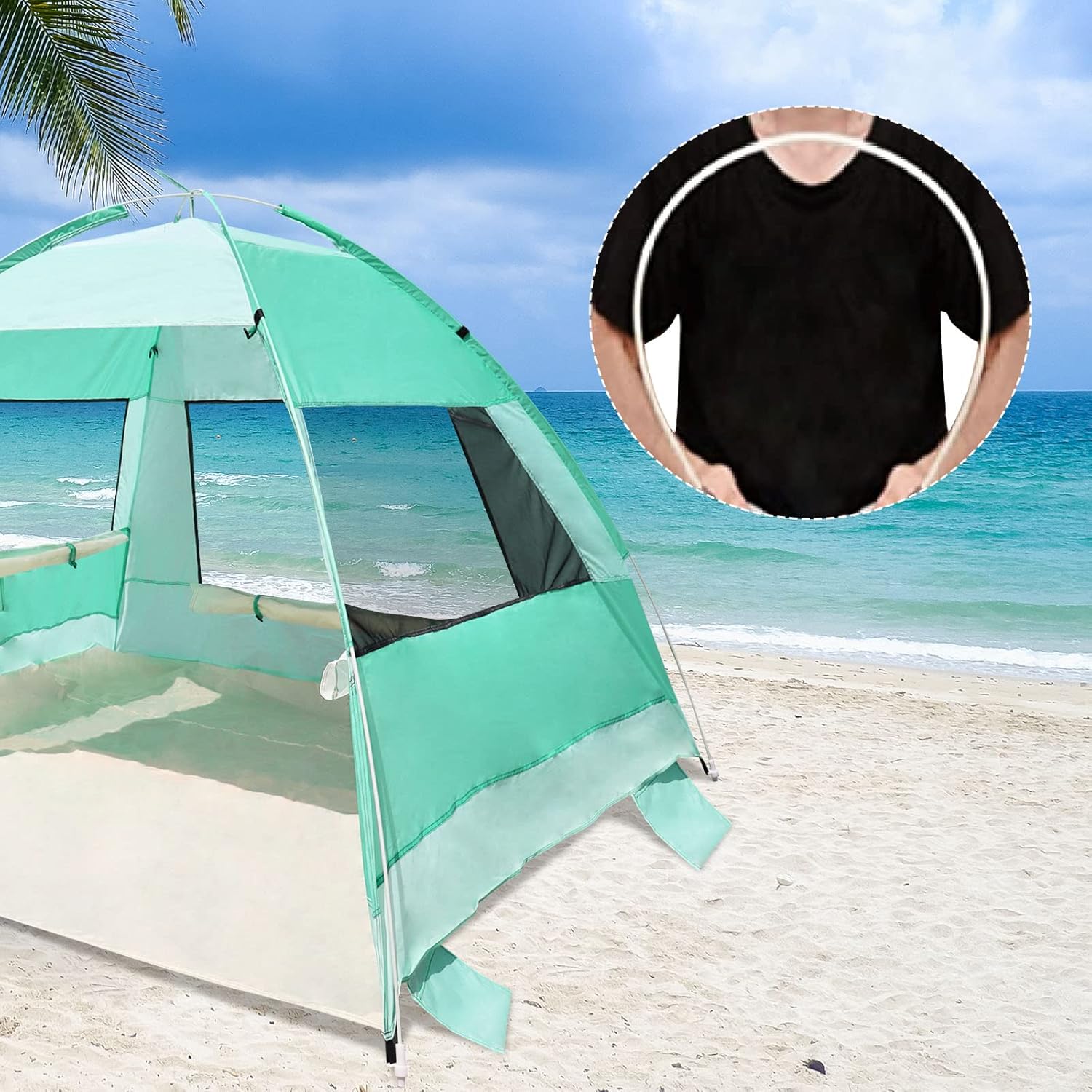 2 Person Pop Up Beach Tent, Anti-UV Beach Shelter, Easy Step Up, 3 Mesh Windows and 6 Sandy Bags, Keep Your Beach Trip Cool(Green)