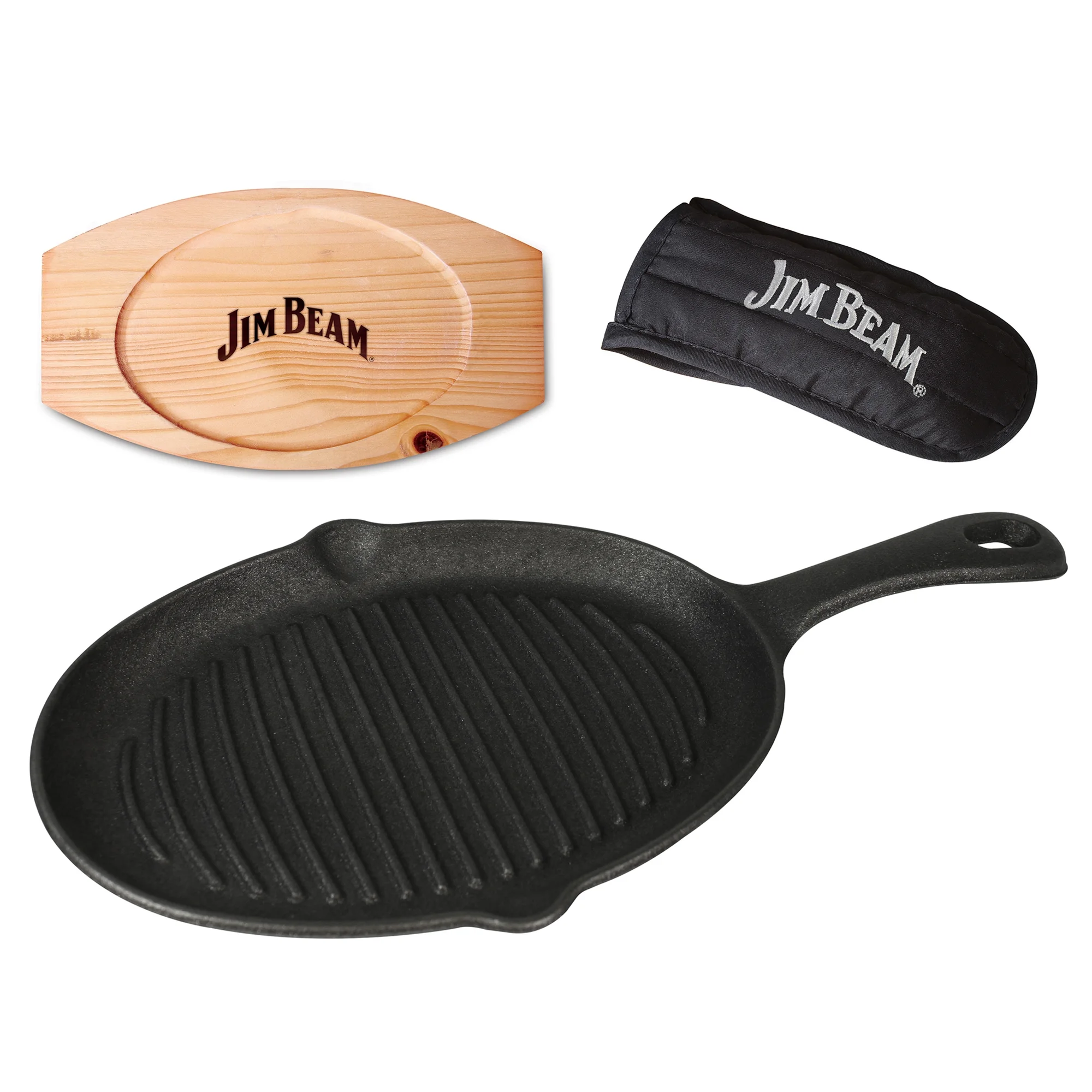 Jim Beam Cast Iron Skillet with Wooden Plate and Handle Cover, Jb0159