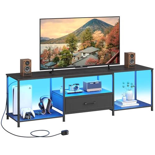 TV Stand with Fabric Drawer for 55 Inch TV, Entertainment Center with Open Shelves, Media TV Console Table for Living Room, Bedroom, Black