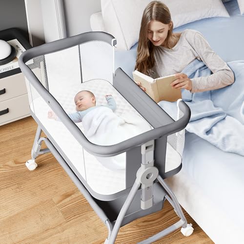 Bedside Bassinet for Baby, 3 in 1 Baby Bassinet Bedside Sleeper, Height Adjustable Bedside Crib, Rocking Bassinet with Wheels, Storage, Mattress, Mosquito Net, Newborn Portable Bassinet