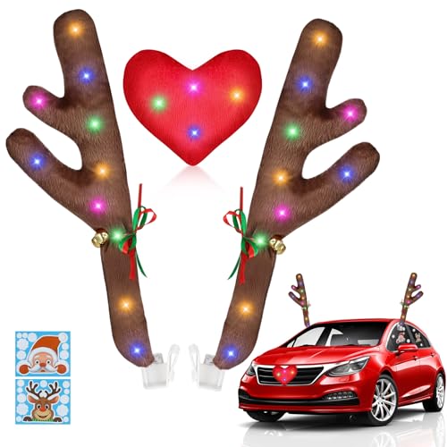 Christmas Reindeer Antlers for Cars With LED Lights, Window Sticker, Jingle Bells, Rudolph Nose - Car Decoration Kit