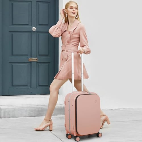 mixi Carry On Luggage, 20'' Suitcase with Front Laptop Pocket, Travel Rolling Luggage Aluminum Frame PC Hardside with Spinner Wheels & TSA Lock and Cover - Smoke White