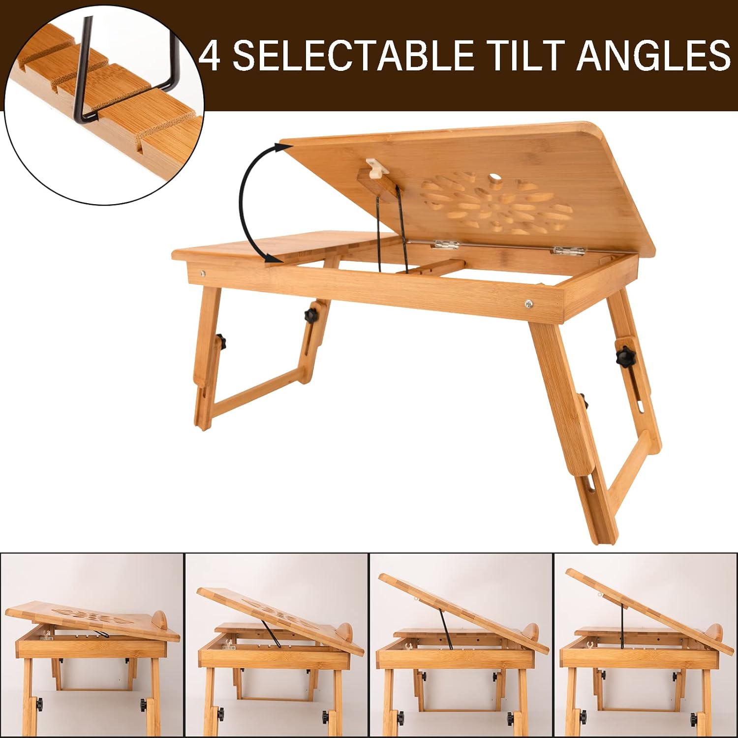 Laptop Desk Table Adjustable Bamboo Foldable Breakfast Serving Bed Tray Stand