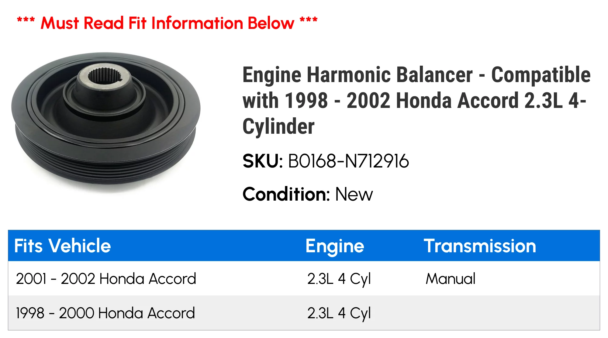Engine Harmonic Balancer - Compatible with 1998 - 2002 Honda Accord 2.3L 4-Cylinder 1999 2000 2001