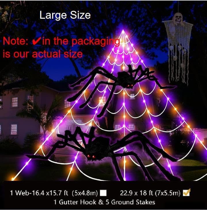 23Ft Giant Spider Web Halloween Decorations Outdoor Lights,180 Orange and Purple LED Light Up Giant Spider Web 60