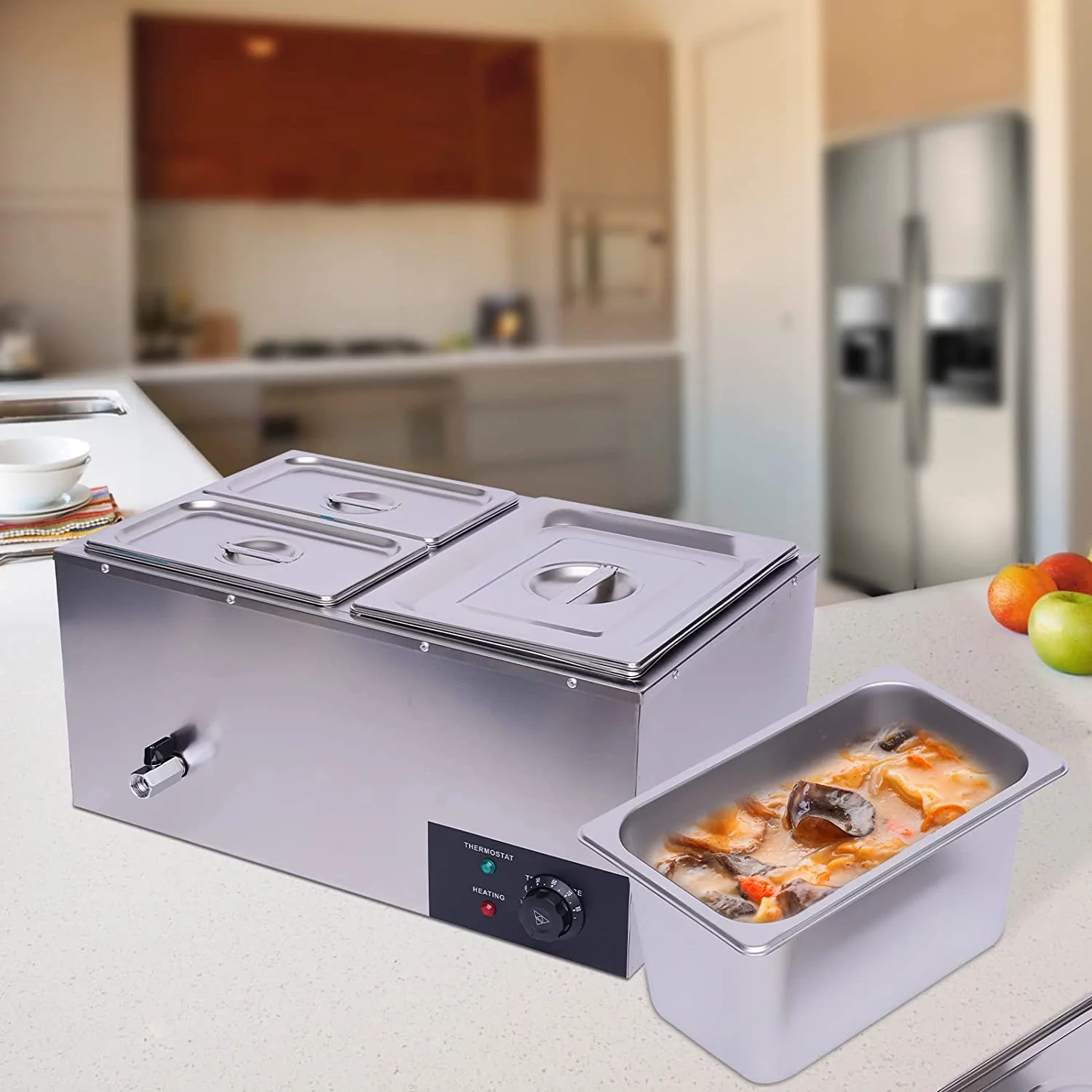 OUKANING 3-Pan Commercial Electric Food Warmer Buffet Food Warmer Stainless Steel with Lids 600W