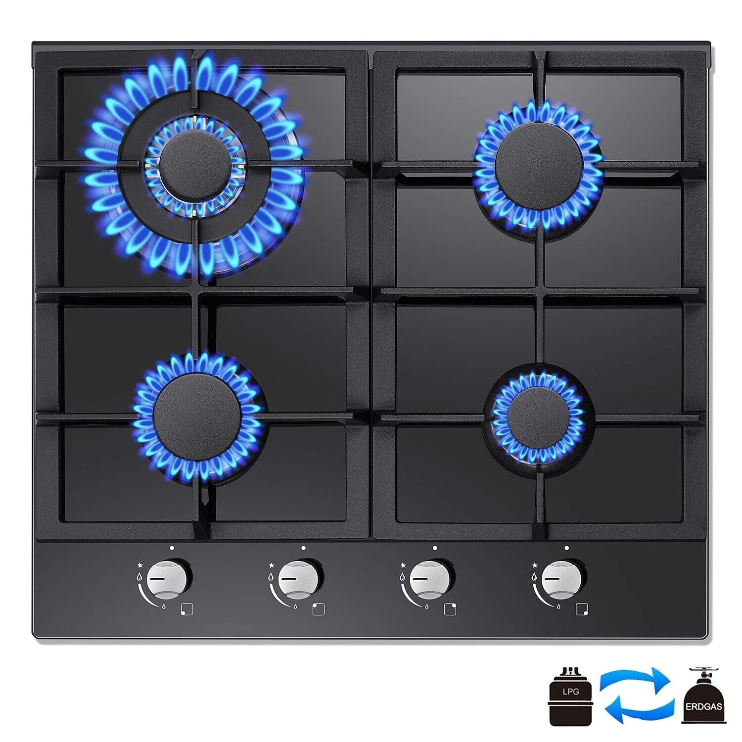 24 inch Built-in Gas Cooktop 4 Burners with Tempered Glass Dual Burners NG/LPG Convertible Countertop