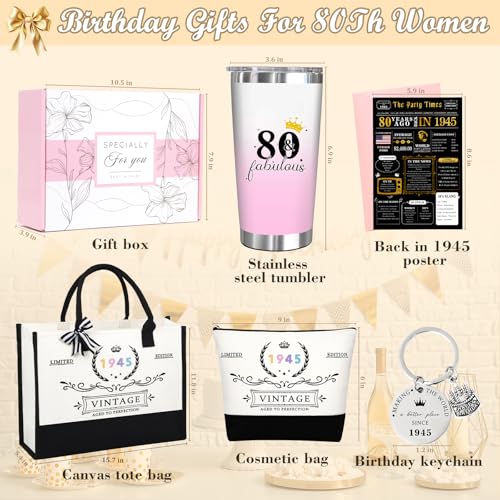 80th 1945 Birthday Gifts for Women, 80 Year Old Birthday Fabulous Gifts for Women, Cool 80th Gift Canvas Tote Bag Set for Woman, Turning 80th Cup Gift Basket for Her Mom Sister Wife