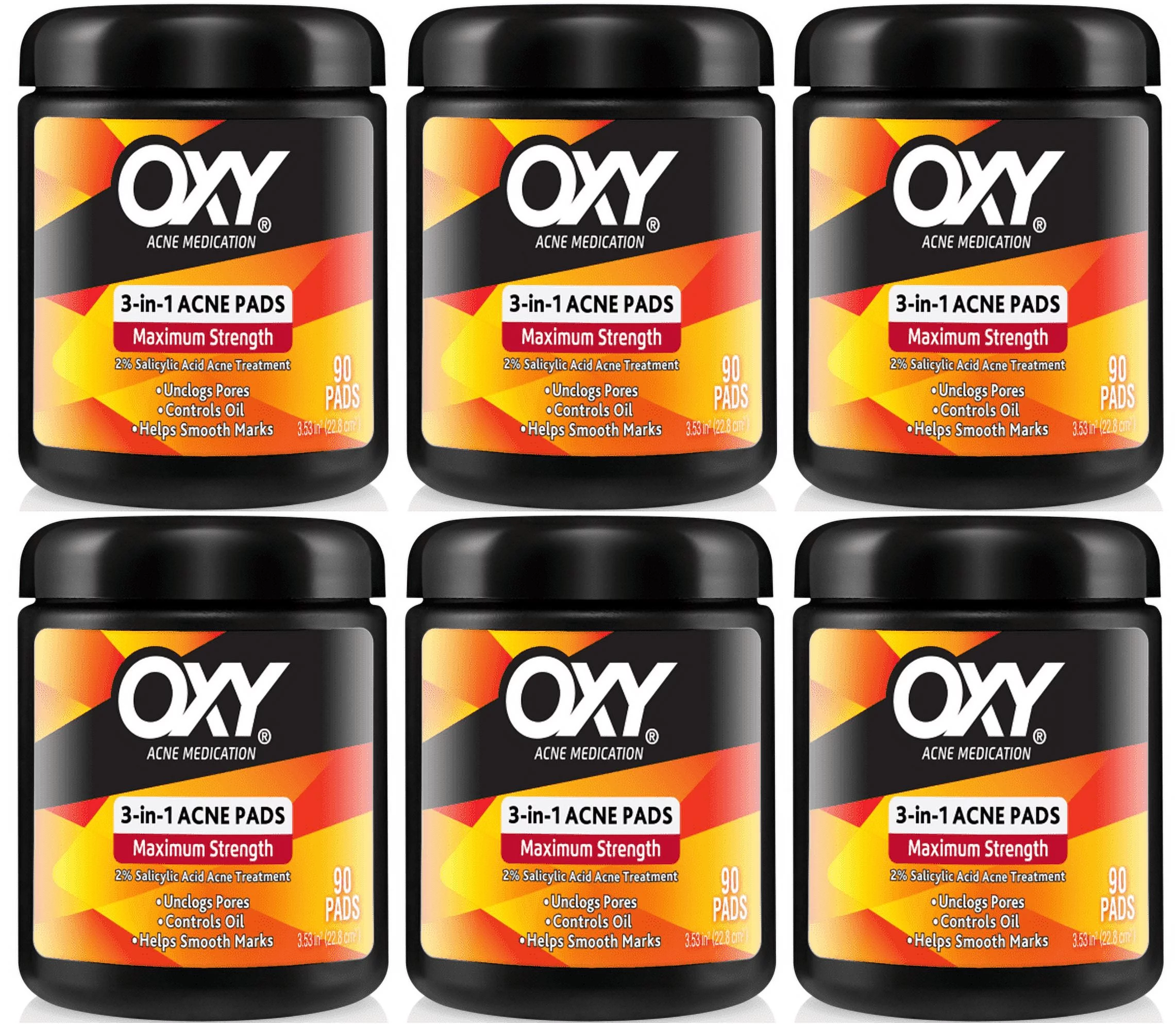 6 Pack Oxy Maximum Action 3-In-1 Acne Treatment Pads, 90 Count Each