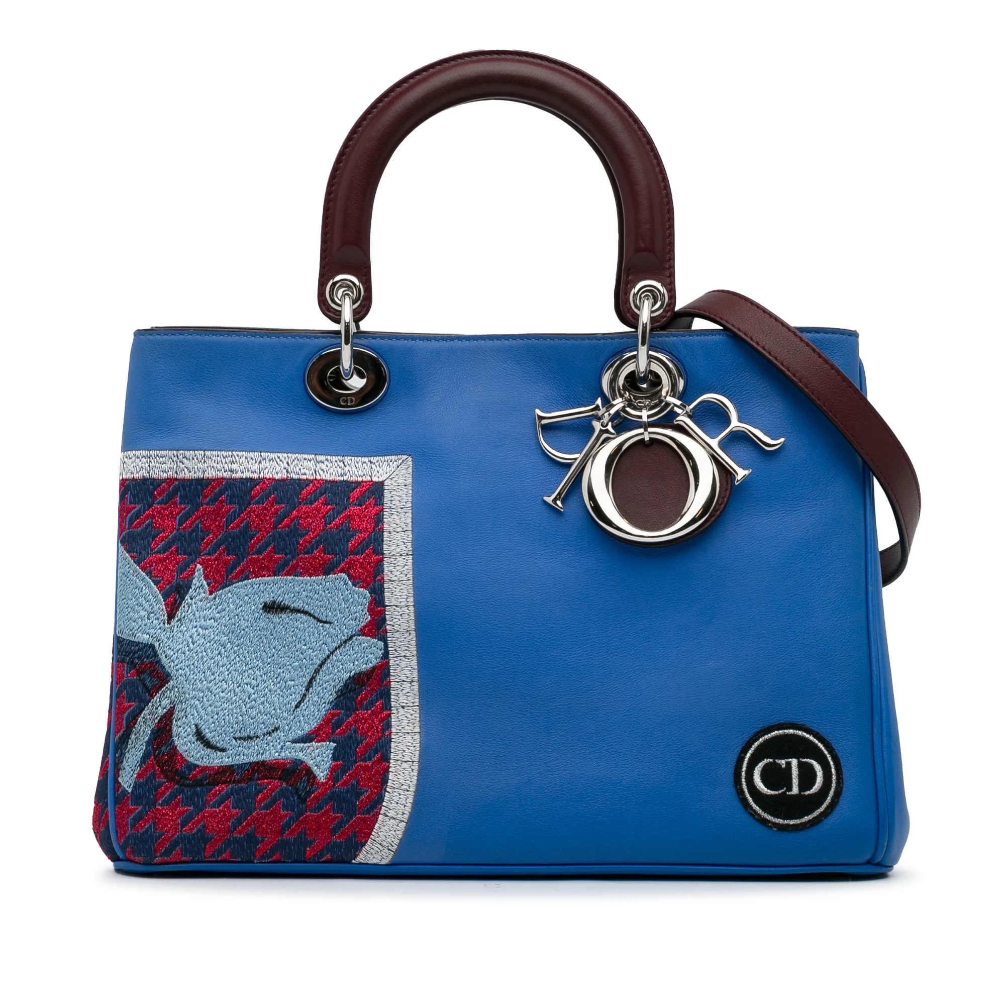 Pre-Owned Authenticated Dior Medium Embroidered Diorissimo Satchel Calf Leather Blue Unisex (Good)