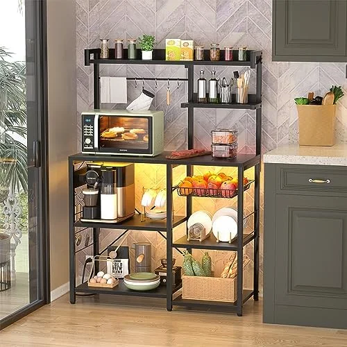 HBBOOMLIFE Bakers Rack with Power Outlet and LED Light Strings  Microwave Oven Stand Kitchen   with Wire Basket  Coffee  Station Island Table with 10 Hooks for Spices  Pots  Pans  White