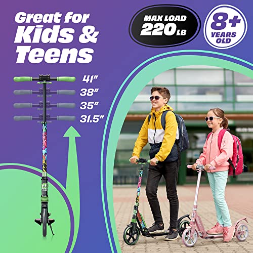 Skidee Adult & Teen Scooter Adjustable Height, Folding, Large Wheels, Lightweight, Durable, Anti-Shock Suspension, Up to 220 lbs