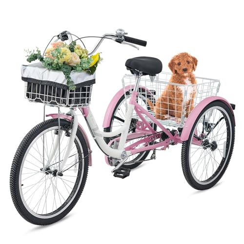 Viribus Adult Tricycle, 7 Speed Tricycle for Adults with Front & Rear Removable Wheeled Baskets, 3 Wheel Bikes for Adults Seniors Women Men, Trikes 400lb. 24 26 inch