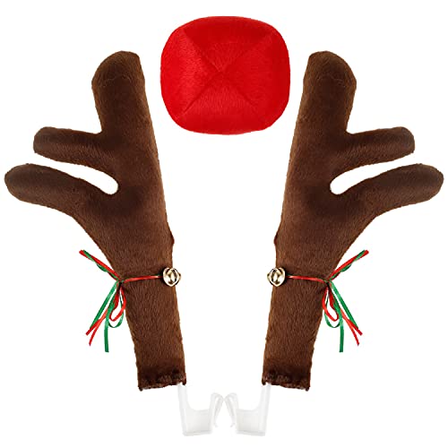 Car Reindeer Antlers & Nose - Window Roof-Top & Grille Rudolph Reindeer Jingle Bell Christmas Costume - Auto Accessories Decoration Kit Best for Car SUV Van Truck, Xmas Gift Set (Brown)