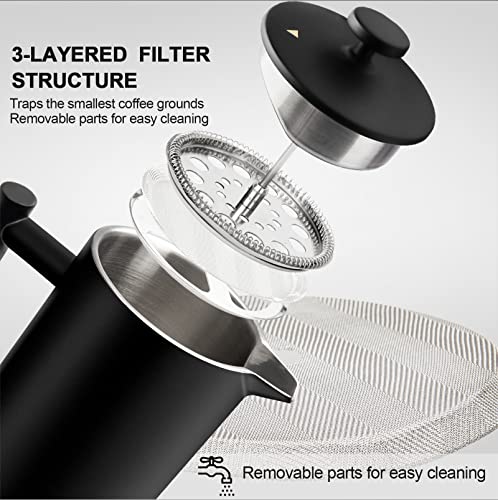 Secura French Press Coffee Maker, 304 Grade Stainless Steel Insulated Coffee Press with 2 Extra Screens, 34oz (1 Litre), Silver