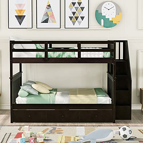 Merax Twin Over Twin Bunk Bed with Trundle, Storage Staircase and Full Length Guardrail, Solid Wood Stairway Bunk Bed, No Spring Box Needed (White)