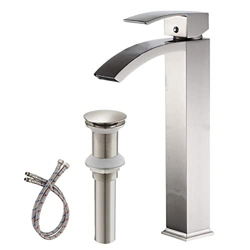 Brushed Nickel Vessel Sink Faucet, Waterfall Bathroom Faucets, Tall Spout Single Handle Single Hole Bathroom Faucets with Pop Up Drain and Without Overflow Basin Faucet Supply Line