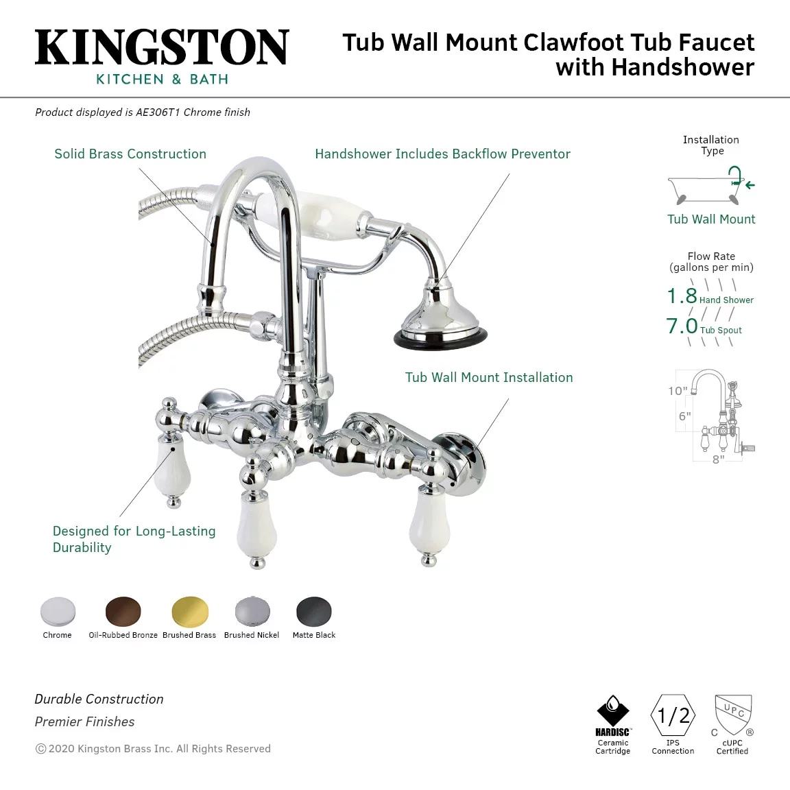 Kingston Brass Ae306t Vintage Wall Mounted Clawfoot Tub Filler - Chrome