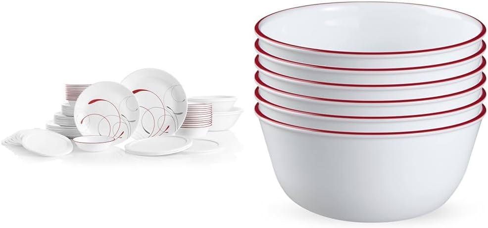 Corelle Vitrelle 78-Piece Service for 12 Dinnerware Set, Triple Layer Glass and Chip Resistant, Lightweight Round Plates and Bowls Set, Splendor & Glass 28oz Red Band Bowl 6pk