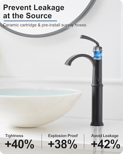Vessel Sink Faucet, Oil Rubbed Bronze Waterfall Bathroom Sink Faucets, Brass Tall Bathroom Faucet Vanity Faucet 1 Hole Restroom Faucet Single Handle with Pop-up Drain Supply Hose
