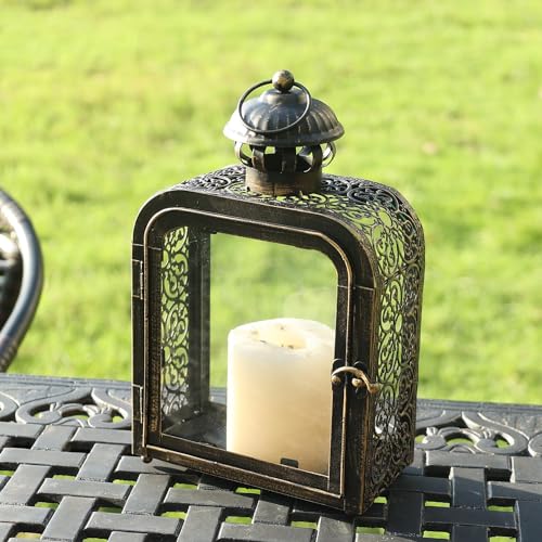 DECORKEY Candle Lantern Decorative Indoor & Outdoor, Vintage Metal Lanterns with Clear Glass, Tabletop&Hanging Candle Holders for Patio Front Porch Home Decor, Christmas Decorations (Bronze)