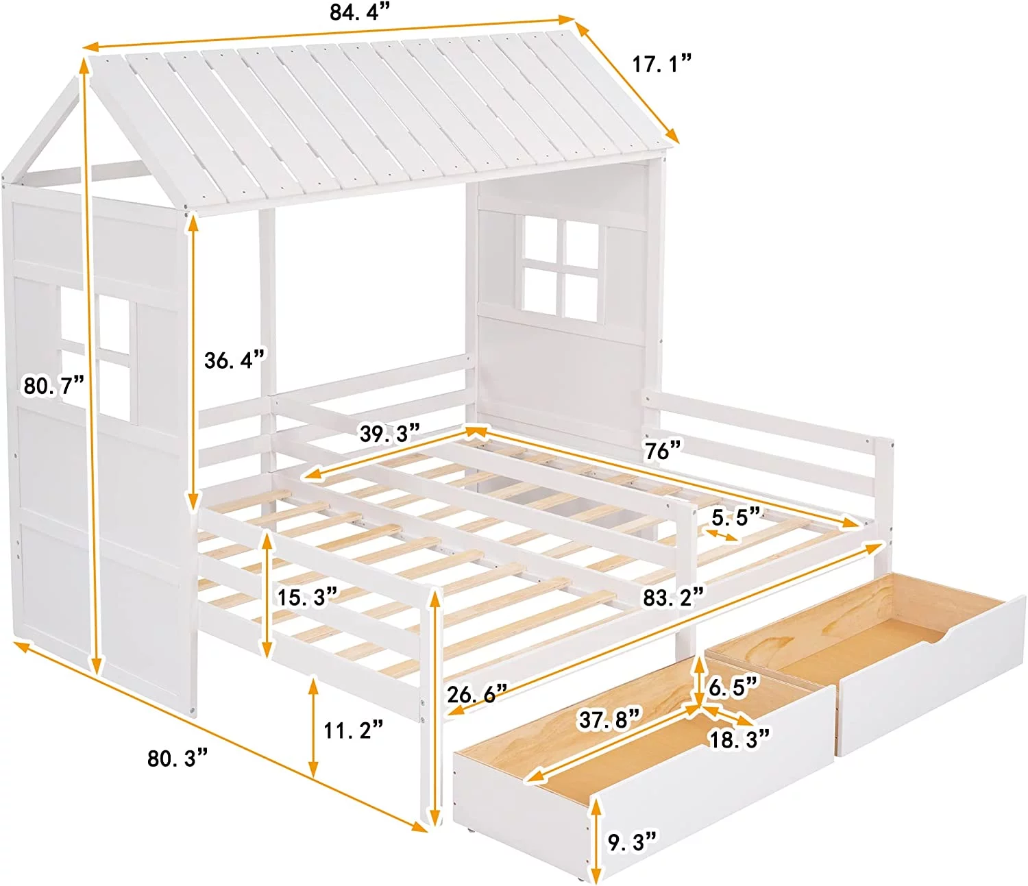 House Double Bed Frames Wih Sorage For Kids, 2 Solid Wood Plaform Beds, Monessori Bed Wih Rails And Roof, Whie
