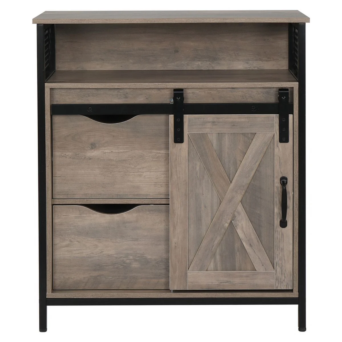 9262 Retro Gray Matte MDF Paste Triamine Iron Frame Sliding Door Two Drawers Two Layer Shelves Bathroom Cabinet Retro Style N201 FCH Retro Style MDF With Triamine Iron Frame Sliding Door Two-Drawing T