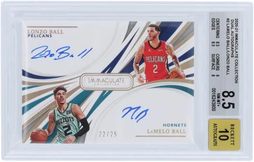 Lonzo Ball New Orleans Pelicans and LaMelo Ball Charlotte Hornets Autographed 2020-21 Panini Immaculate Collection Dual Auto #DA-LLA #22/25 BGS Authenticated 8.5/10 Rookie Card - 8.5,9,8.5,8 Subgrades
