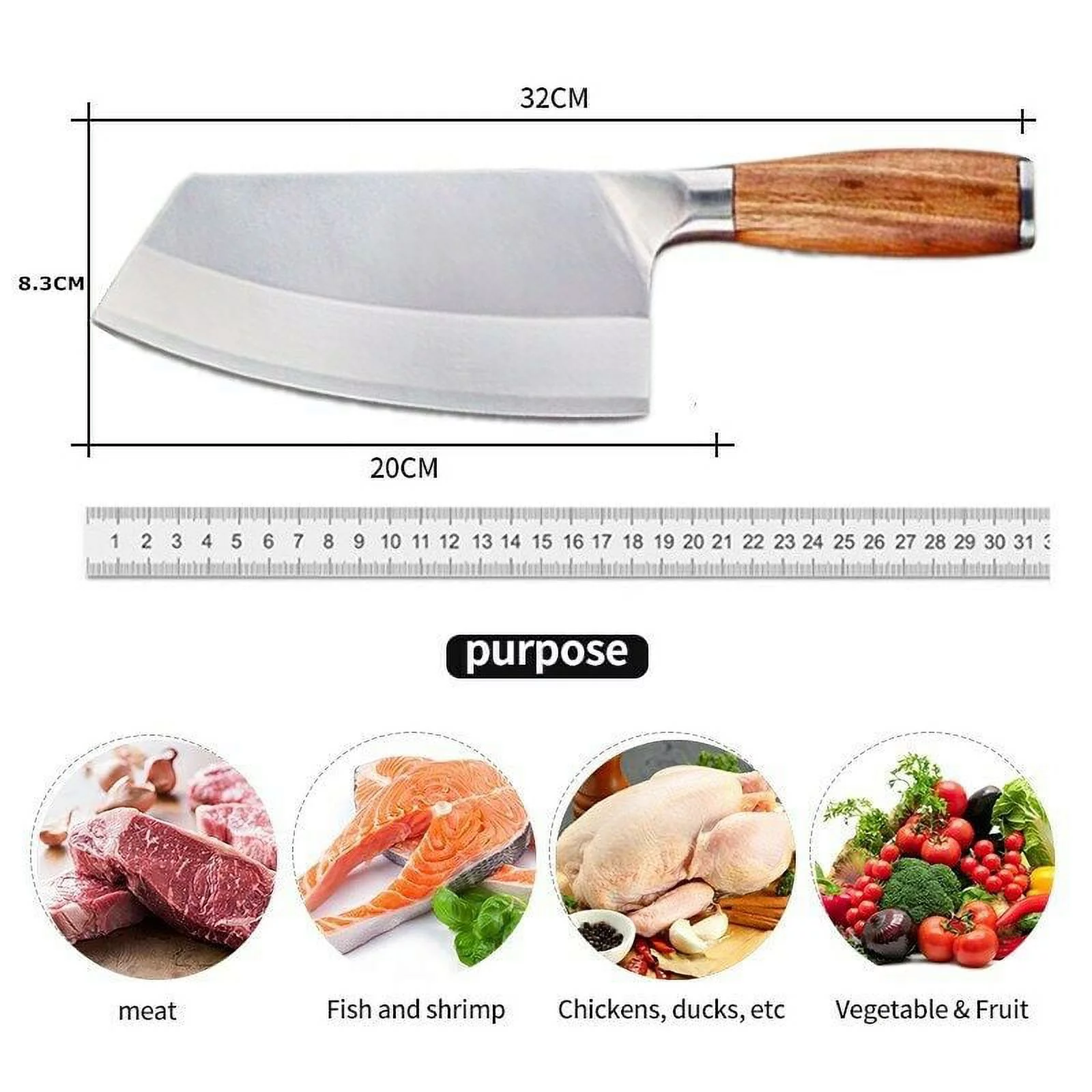 8 'Stainless Steel Kitchen Knife Meat Chopping Cleaver Butcher Slicing Chef Knife