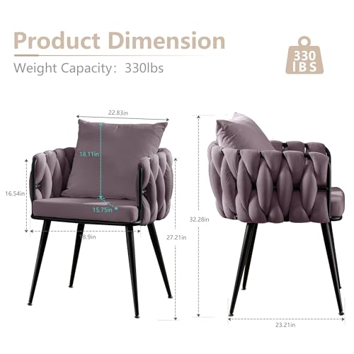Velvet Dining Chairs Set of 2, Woven Modern Upholstered Kitchen Chairs, Luxury Leisure Desk Chairs with Pillow Metal Legs Makeup Accent Side Chair for Vanity Living Dining Room (Blue, Set of 2)