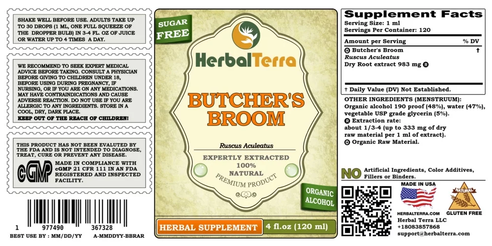 Butcher's Broom Dry Root Absolutely Natural Expertly Extracted by Trusted HerbalTerra Brand Certified Organic Alcohol-Based Liquid Extract. Proudly made in USA. Tincture 4 Fl.Oz