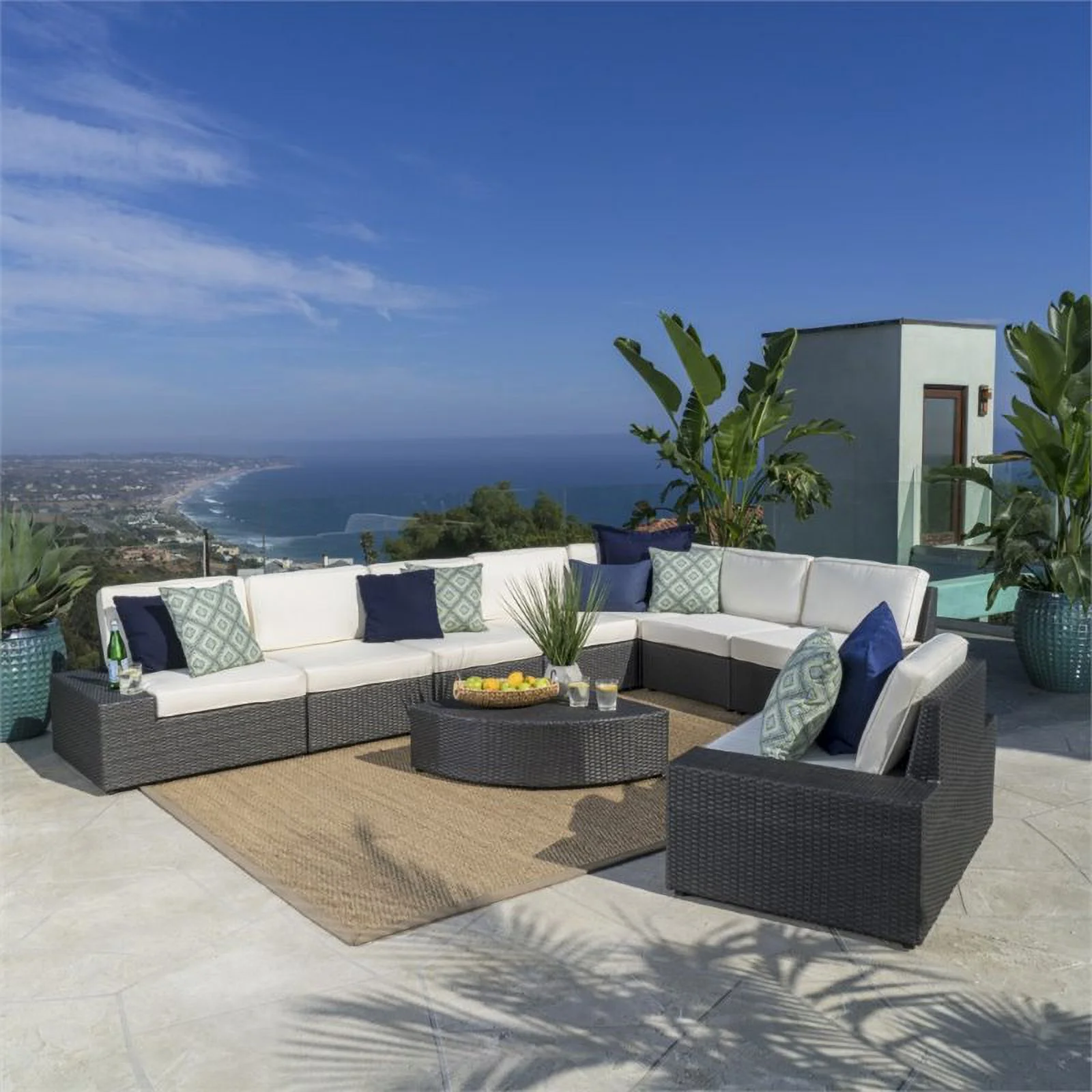 Noble House Santa Cruz 9-Piece Outdoor Wicker/Metal Sectional Sofa Set in Gray