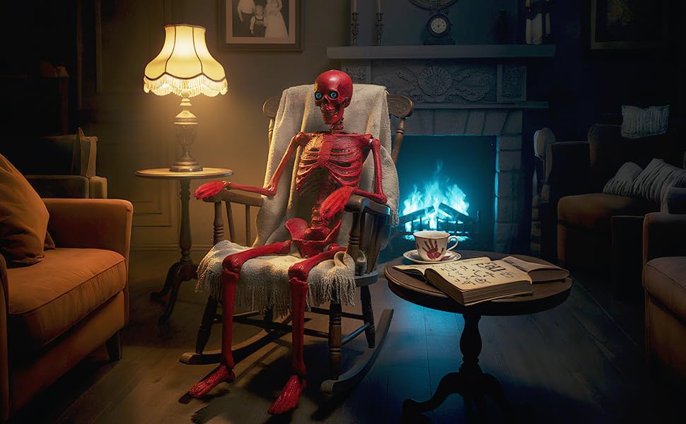 5.4Ft Life Size Halloween Skeleton - Red Decayed Posable with Glowing Eyes & Luminescent Paint, Full Body Life-Like Bones for Indoor Outdoor Halloween Decorations