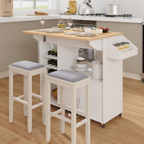 Rolling Kitchen Island with Drop Leaf & Power Outlet, Microwave Cart with Storage Cabinet, Drawer, Wine & Cup Holder, Spice & Towel Rack, Island Bar Table for Breakfast (Black)