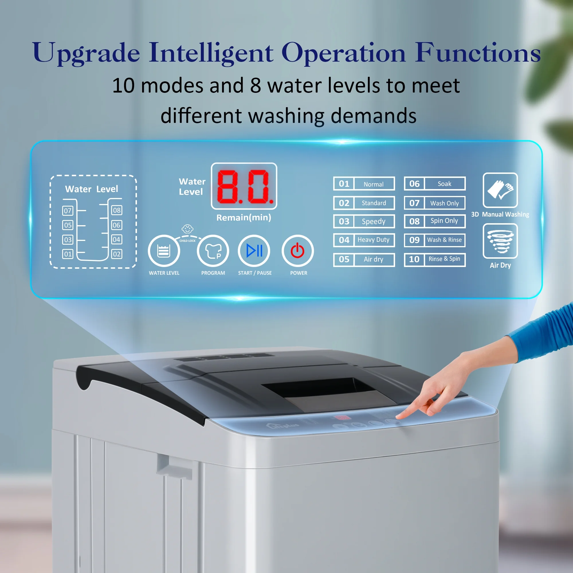 LifePlus Portable Washing Machine, 1.8Cu.ft Large Capacity Full Automatic Clothes Washer Machines, Compact Laundry Washer for Home Apartment, Gray