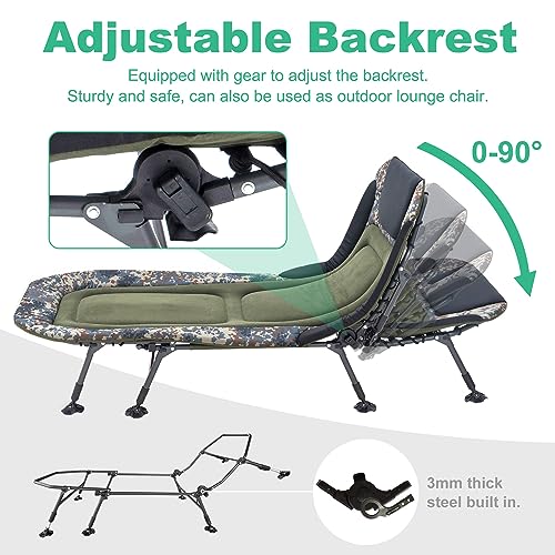 XL Folding Camping Cot with Mattress for Adults, Oversized Camping Bed with Carry Bag, 180° Adjustable Recliner, Portable Outdoor Lounger for Camping, Hiking, Outdoor, Green