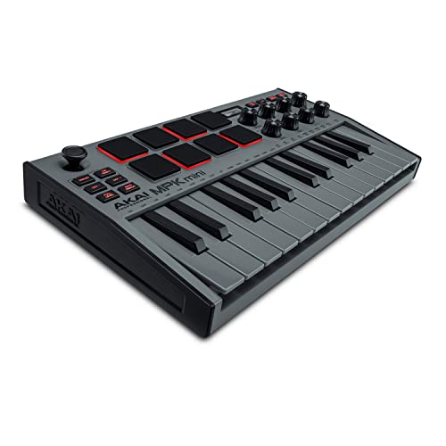 AKAI Professional MPK Mini MK3-25 Key USB MIDI Keyboard Controller With 8 Backlit Drum Pads (Grey) & On-Stage DS7200B Adjustable Desktop Microphone Stand, Black