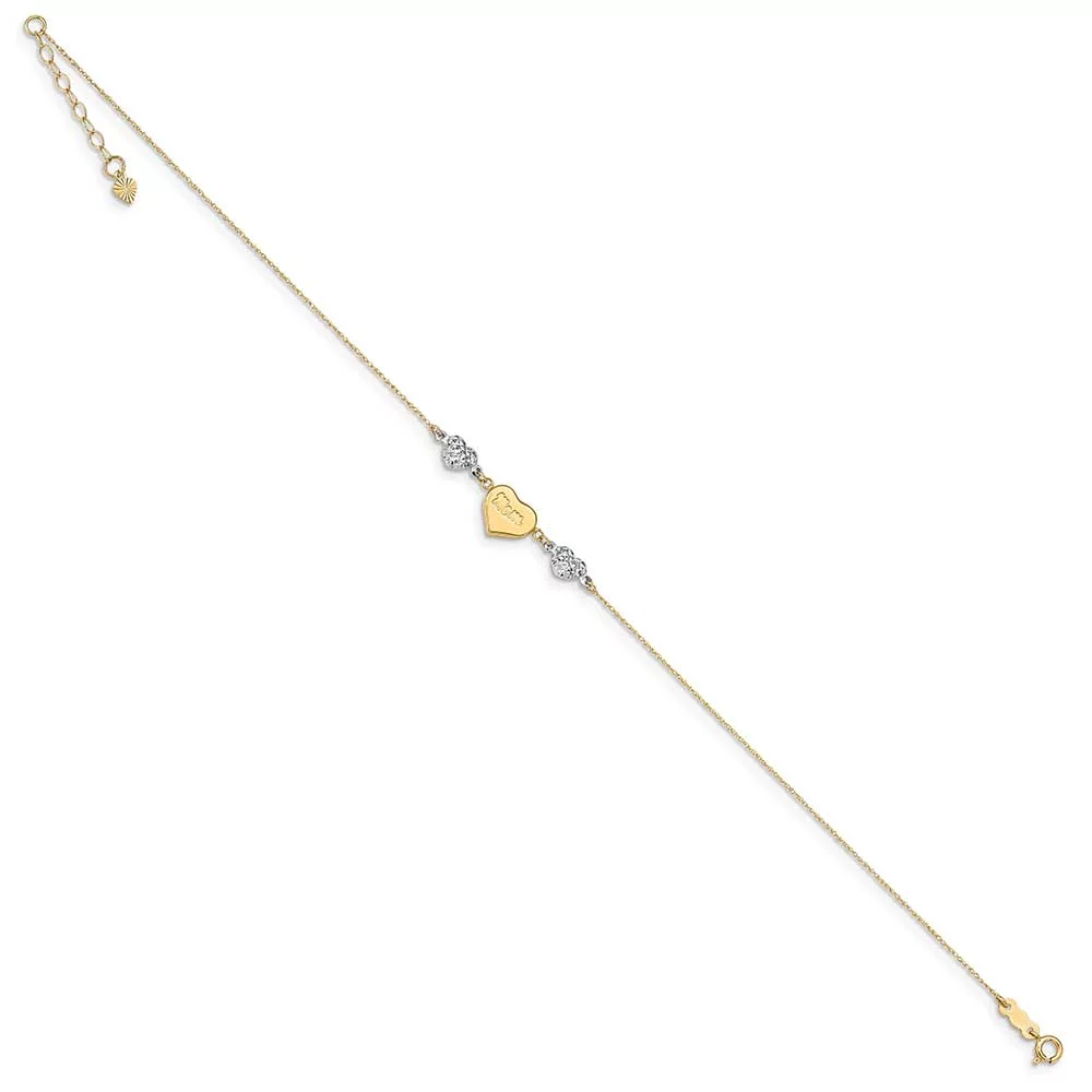 Primal Gold 14 Karat Two-Tone Diamond-cut Puffed Hearts MOM 10-inch Plus 1-inch Extension Anklet