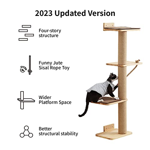 FUKUMARU Cat Scratching Activity Tree Wall Mounted, 50 Inch Cats Scratch Post, with Kitten Bed, Rubber Wood Scratcher Posts, Large