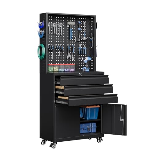 Yizosh Metal Garage Storage Cabinet with Wheels,3-Drawer Rolling Tool Cabinet with 2 Door and Adjustable Shelves,- 71