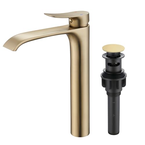 Tall Vessel Sink Faucet Bathroom Waterfall Faucet Brushed Gold Finished Single Handle Matte Black Vanity Bathroom Faucet Basin Mixer Tap with Water Supply Hose and Pop Up Sink Drain