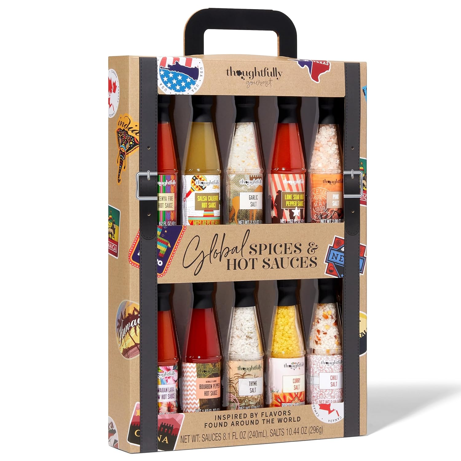 Thoughtfully Gourmet, Global Spice and Hot Sauce Collection Gift Set, Vegan and Vegetarian, 5 Sauces and 5 Salts in Suitcase Packaging, Set of 10